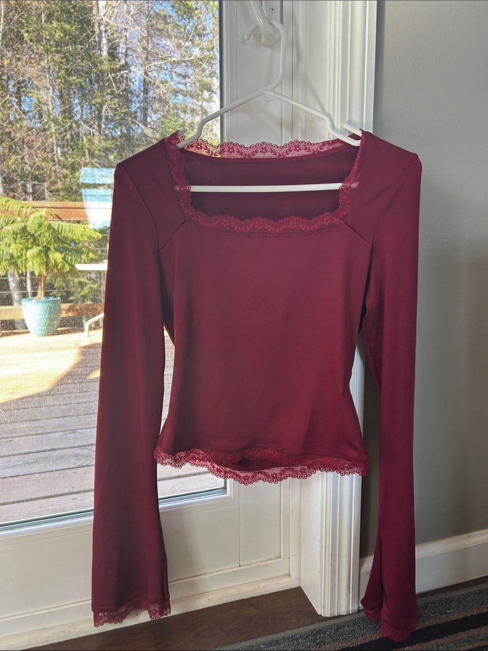 Lace-Trim Square Neck Long Sleeve Top - Burgundy